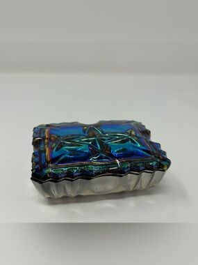 Vintage Carnival Glass Trinket/Jewelry Box Iridescent Retro Rainbow Glass Decor